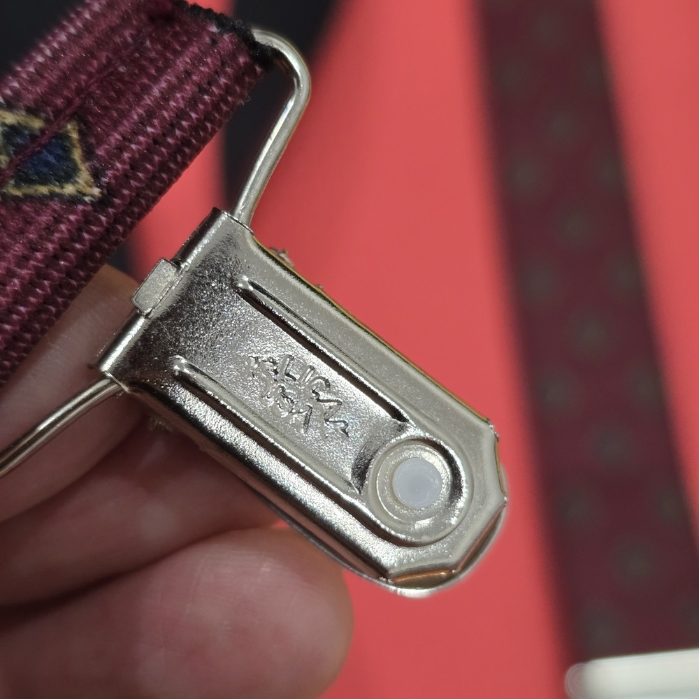 Vintage Men's Suspenders‎ X-Back Maroon Burgundy Diamond LUCKY USA Clips - Picture 7 of 7